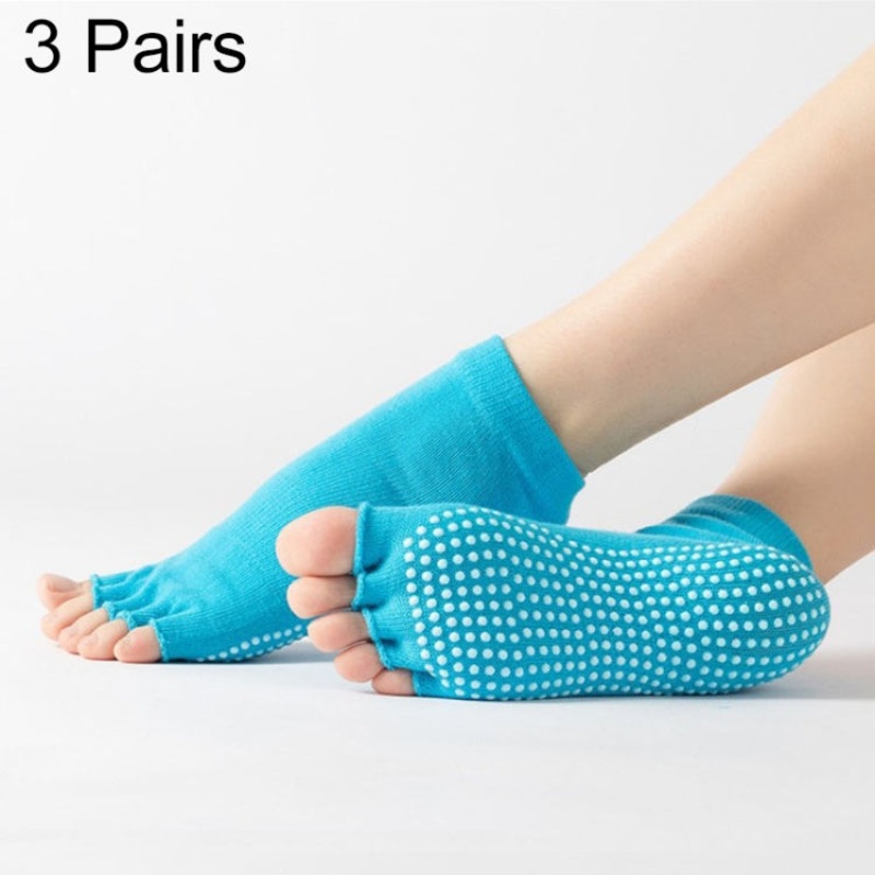 3 Pair Open-Toe Yoga Socks Non-Slip Five-Finger Dance Socks, Size One Size, Sky Blue