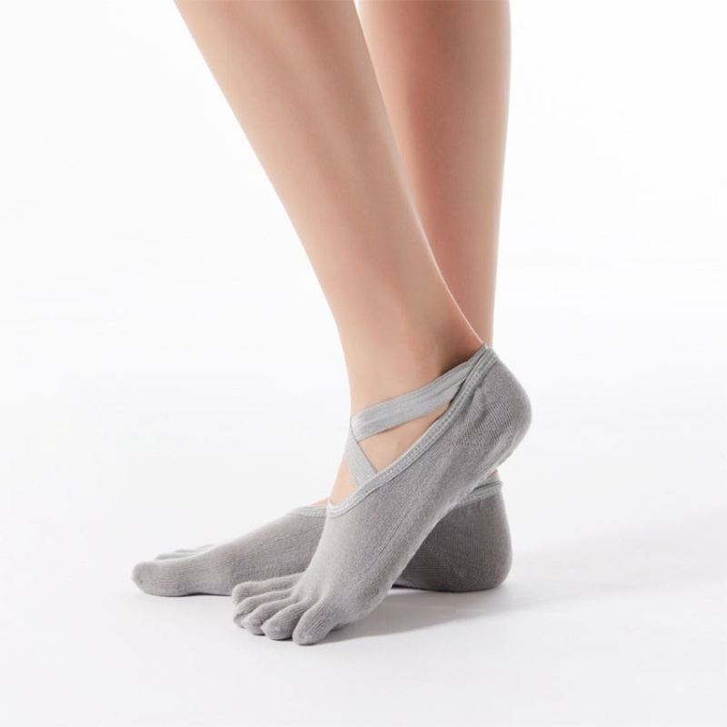 Five-Finger Cross-Lace Yoga Cotton Socks Non-Slip Sports Dance Socks (Light Gray) One Size