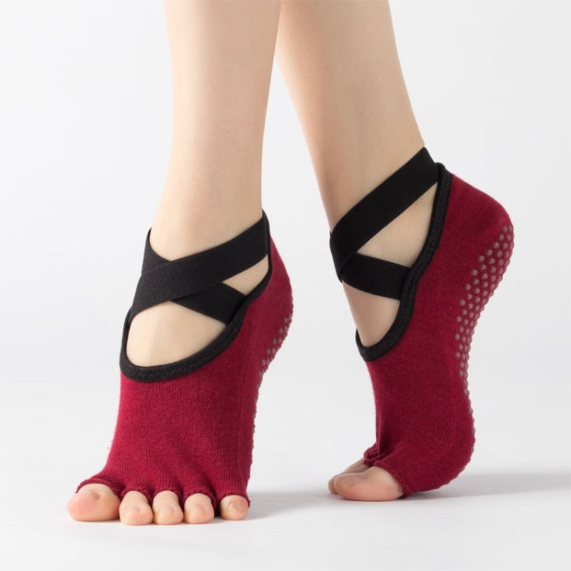 Lace Yoga Socks Non-Slip Five Finger Cotton Sports Fashion Open Toe Dance Socks (Red Wine)