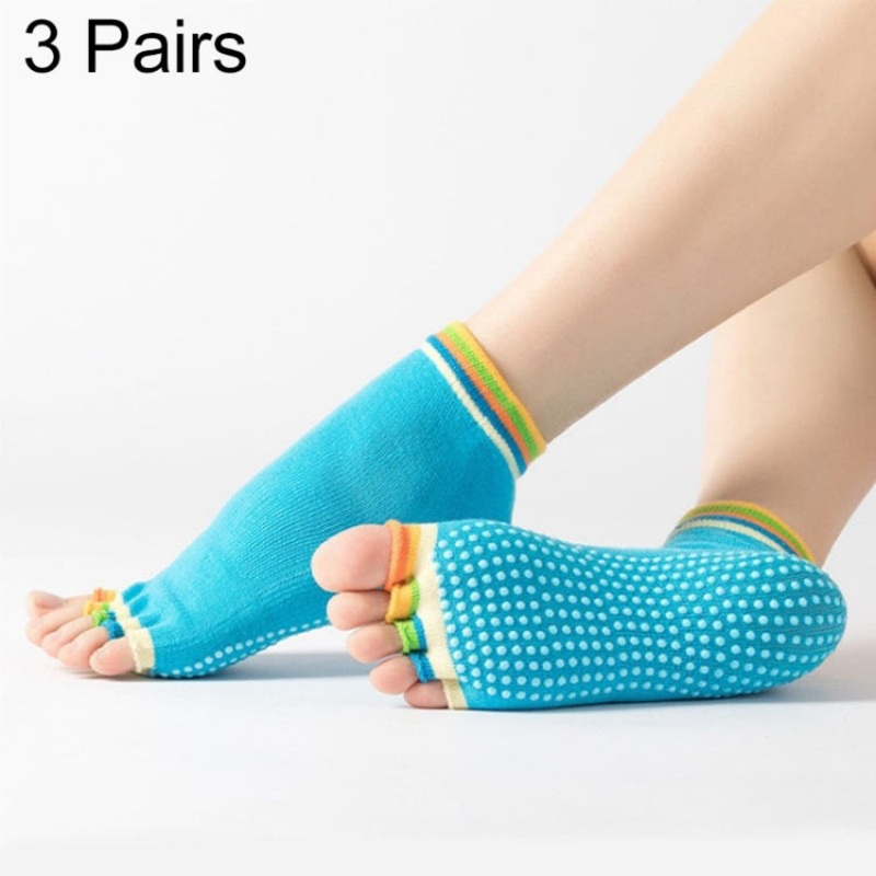 Non-Slip Open-Toe Yoga Socks Indoor Sports Five-Finger Dance Socks (Sky Blue) [One Size]