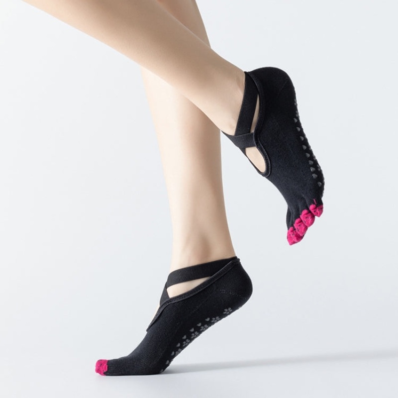 Non-Slip Professional Yoga Socks Five-Finger Split Toe Strap Dance Cotton Socks (One Size, Black)
