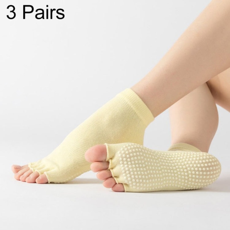 Open-Toe Yoga Socks Non-Slip Five-Finger Dance Socks One Size (Light Yellow)