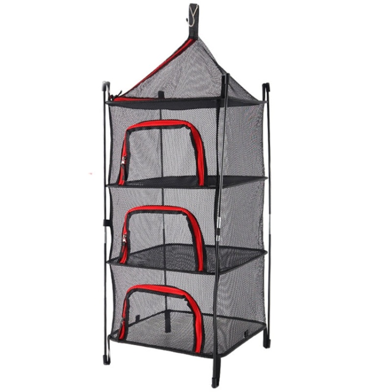 Outdoor Folding Drying Net Four-Layer Storage Basket for Camping Fish Drying (Red)