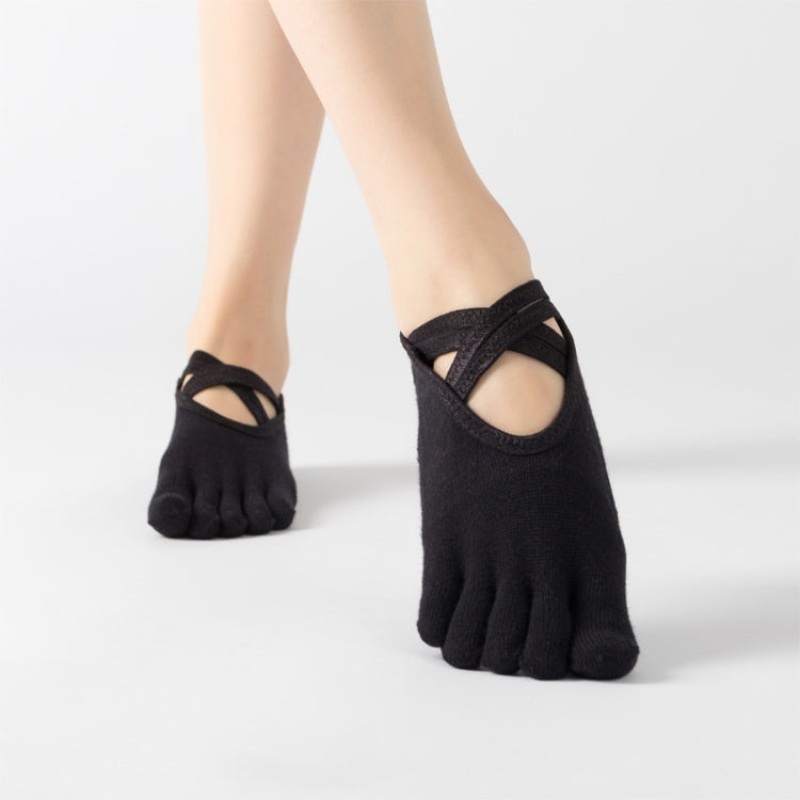 Terry Five-Finger Non-Slip Yoga Dance Socks Cotton Warm Thickened Cross Strap Full Toe Black (One Size)