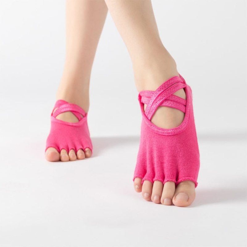 Thickened Warm Non-Slip Dance Yoga Socks, Cross Strap, One Size, Open Toe (Rose Red)