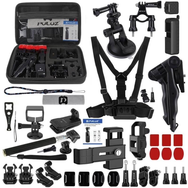 PULUZ 43 in 1 Accessories Total Ultimate Combo Kits for DJI Osmo Pocket with EVA Case (Chest Strap + Wrist Strap + Suction Cup Mount + 3-Way Pivot Arms + J-Hook Buckle + Grip Tripod Mount + Surface Mo ... orage Bag + Rec-mounts + Handlebar Mount + Wrench)