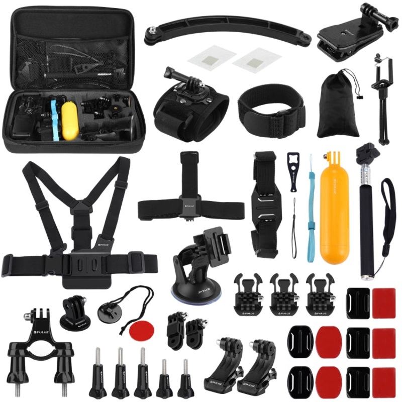 PULUZ 50 in 1 Accessories Total Ultimate Combo Kits with EVA Case (Chest Strap + Suction Cup Mount + 3-Way Pivot Arms + J-Hook Buckle + Wrist Strap + Helmet Strap + Extendable Monopod + Surface Mounts ... for GoPro, Insta360, DJI and Other Action Cameras