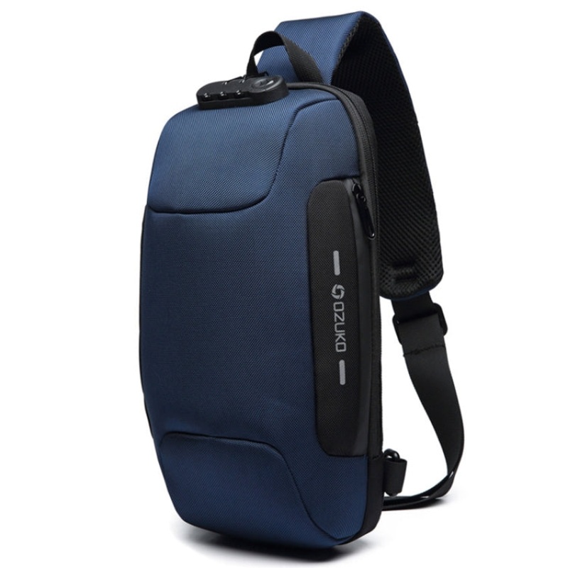 Anti-theft Men Chest Bag Waterproof Crossbody Bag with External USB Charging Port (Blue, Standard Size)
