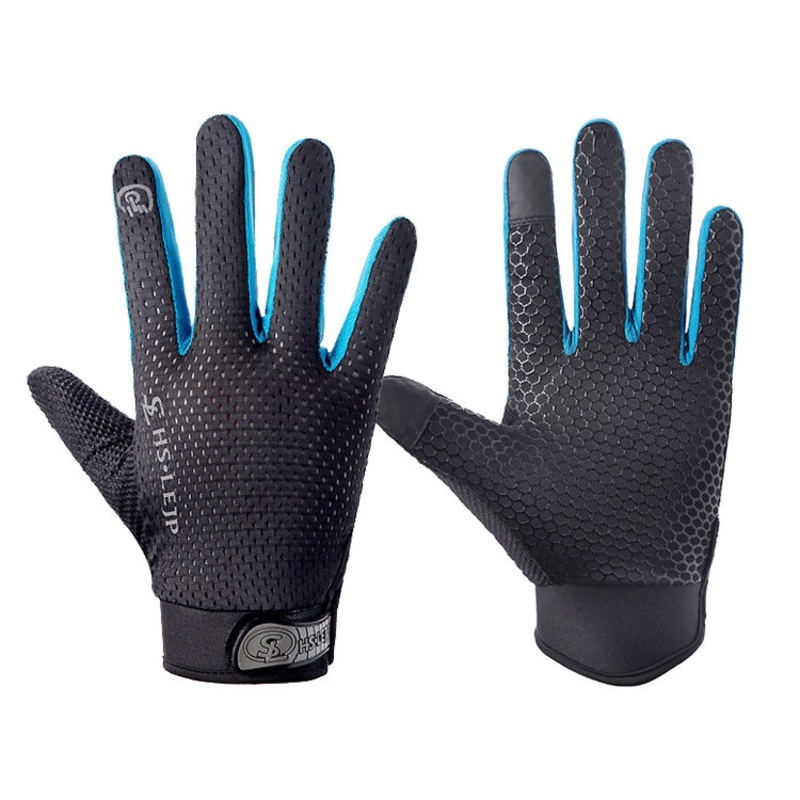 HSLEJP Outdoor Sports Breathable Touch Screen Antiskid Cycling Full Finger Gloves, Size: L(Black+Blue)