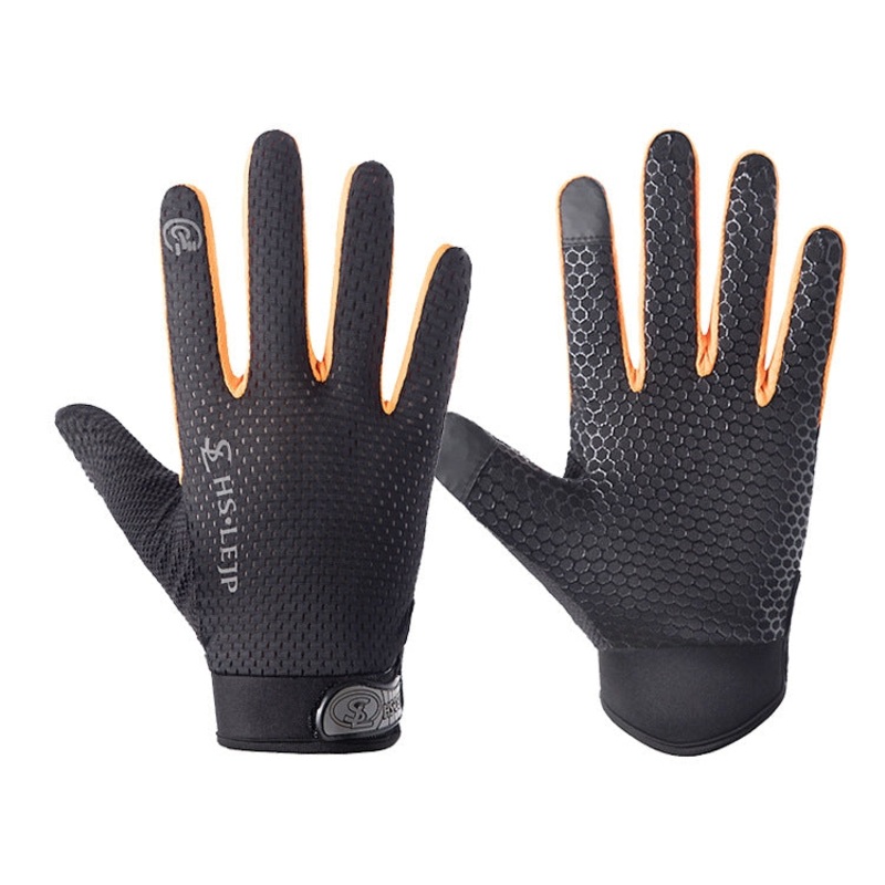 HSLEJP Outdoor Sports Breathable Touch Screen Antiskid Cycling Full Finger Gloves, Size: L(Black+Orange)
