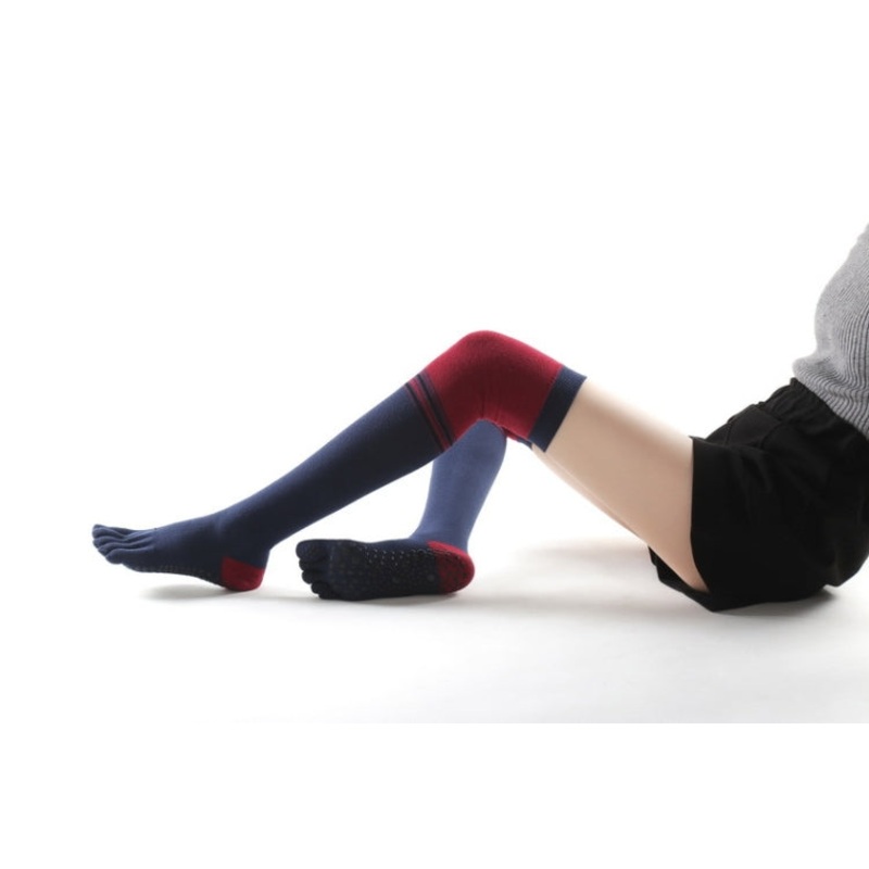 Ladies Over The Knee Yoga Socks Winter Warm Non-Slip Dance Five-Finger Socks (Striped Navy)