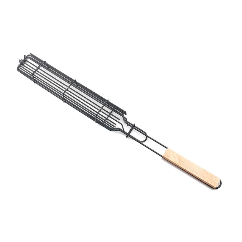 Hot Dog Barbecue Cage Sausage Barbecue Clip Mesh Wooden Handle Barbecue Mesh Rack (Wood color)