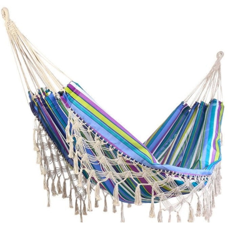 Outdoor Camping Hammock with Tassel Polyester Cloth (Blue Striped)