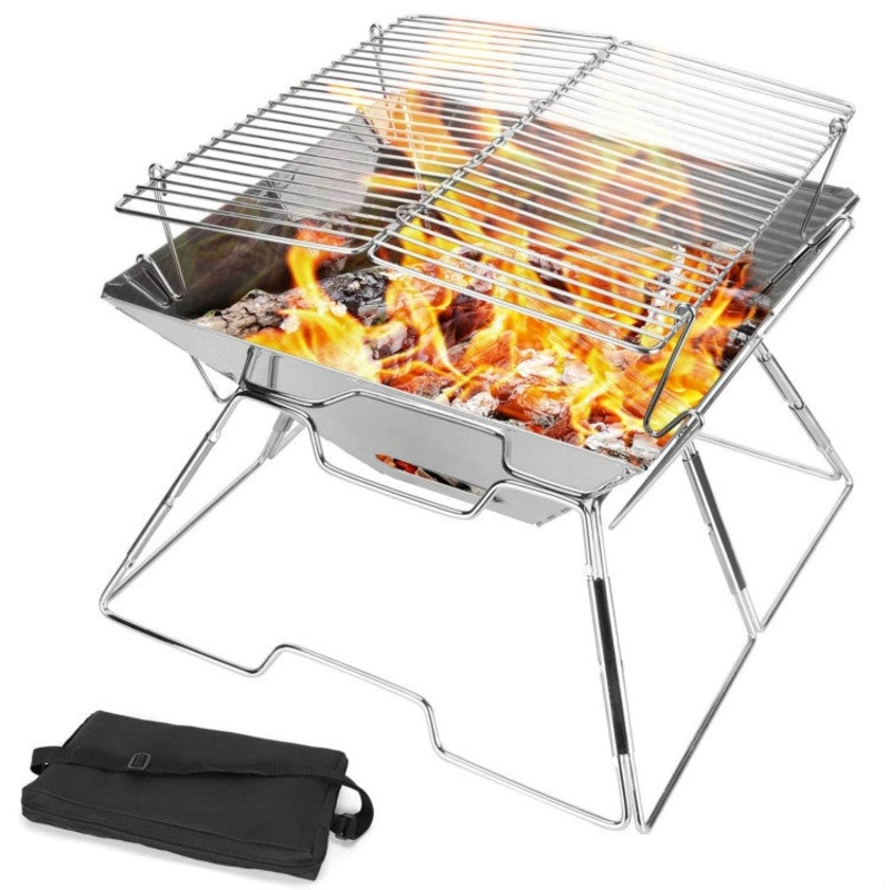 Stainless Steel Folding Barbecue Grill Wood Charcoal Grill for Camping (One Size)