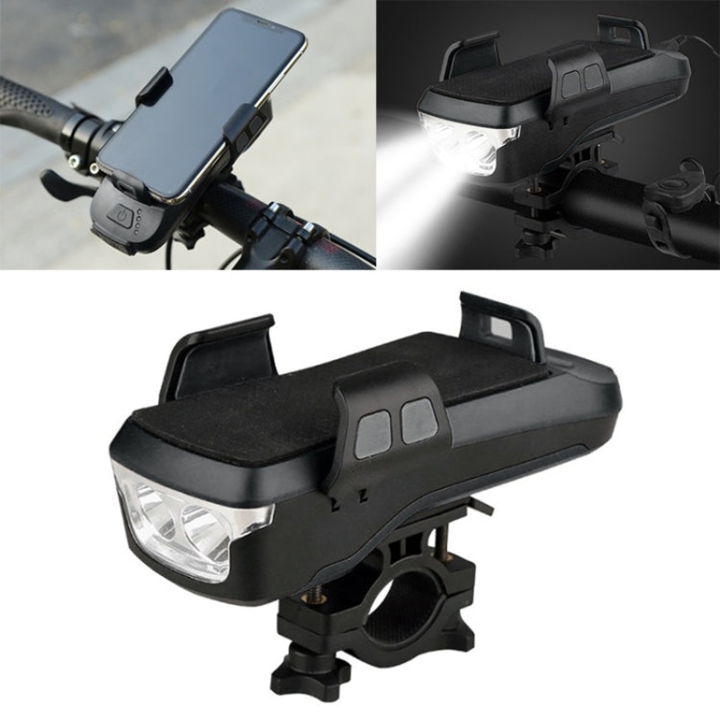 USB Charging Bicycle Light Front Handlebar Led Light with Holder Electric Horn 2400mAh Battery Black (Black)