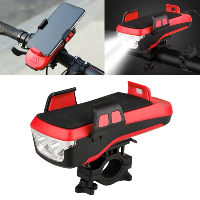 USB Charging Bicycle Light Front Handlebar LED Light with Holder & Electric Horn 2400mAh Battery (Red)