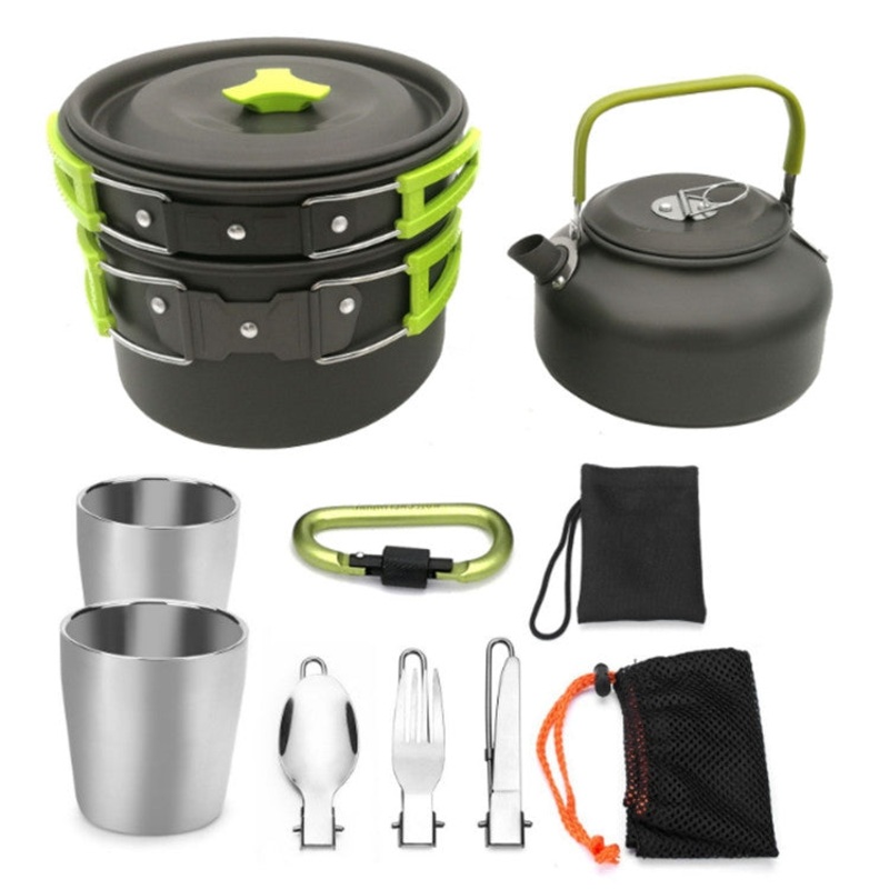 Portable Teapot Set Pot Set for Outdoor Camping (Green Handle)
