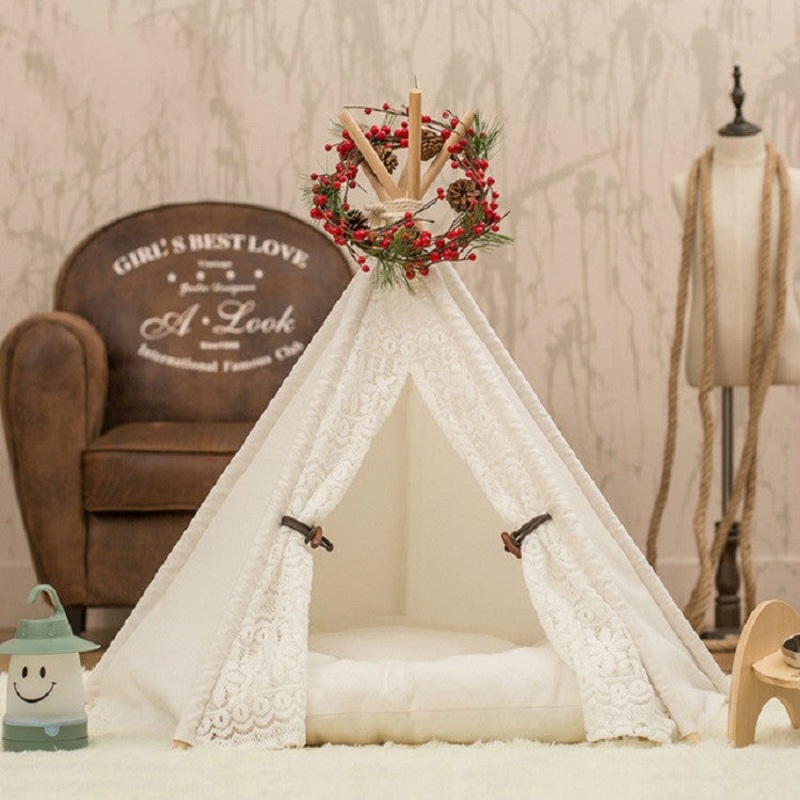 Removable and Washable Canvas Fabric Pet Nest Pet Tent 50x50x60 cm Spiked Lace (with Pad)