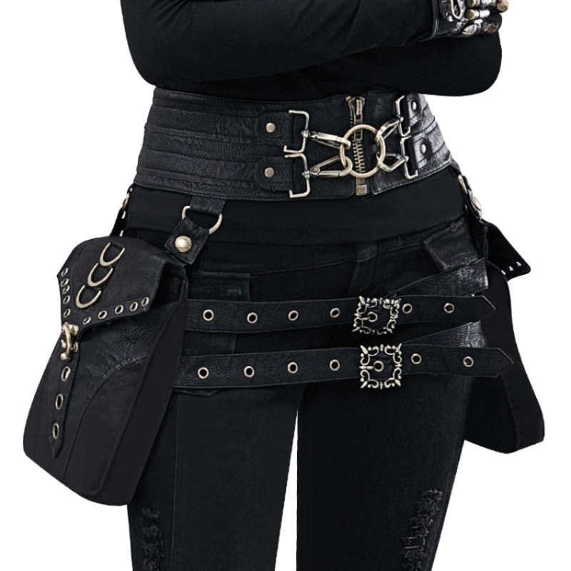 Ladies PU Leather Waist Bag Strap 130cm 23 x 19.5cm (Black)