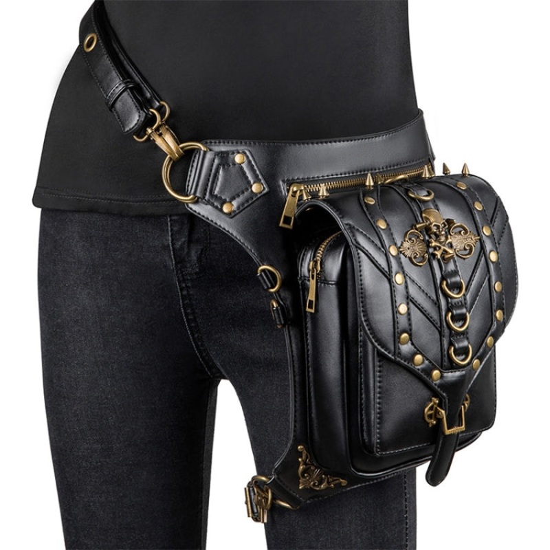 Skull Head Decoration PU Leather Crossbody Waist Bag for Ladies (Black)