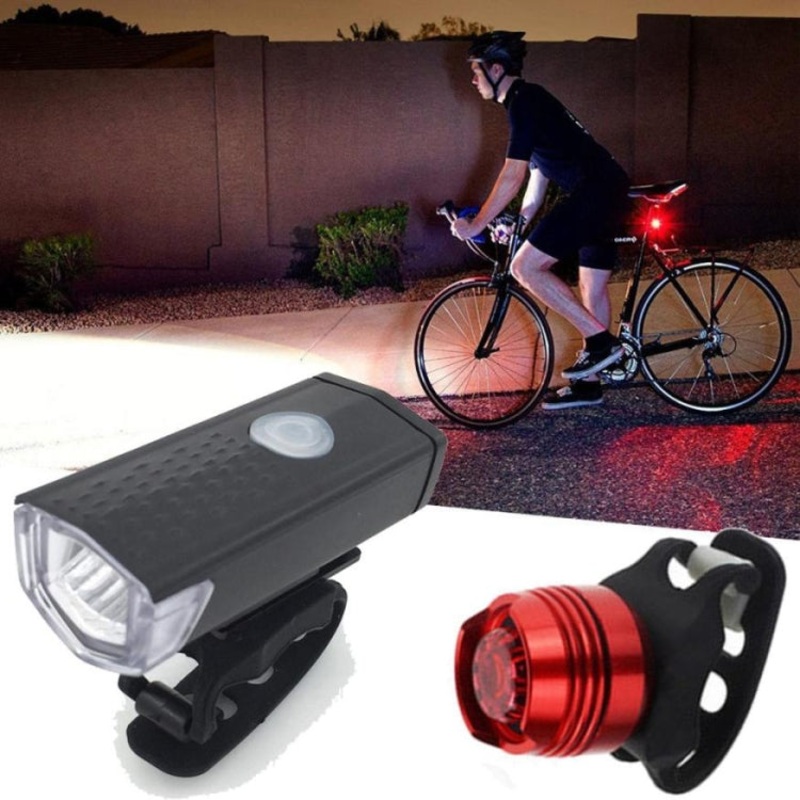 Waterproof USB Rechargeable Bicycle Highlight Lamp Headlight Taillight Set (Black)