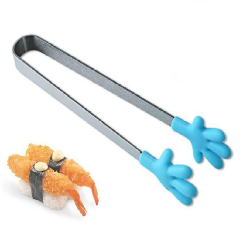Silicone Stainless Steel Cooking Kitchen Ice Tong Food BBQ Salad Hand Clip (Blue)