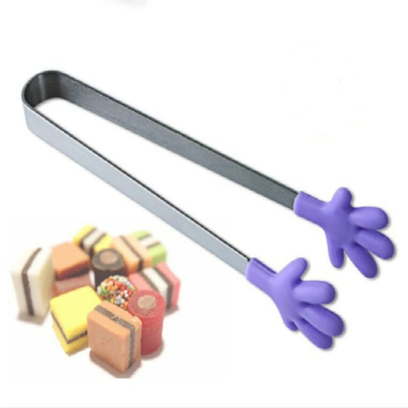 Silicone Stainless Steel Cooking Kitchen Ice Tong Food BBQ Salad Hand Clip (Purple)