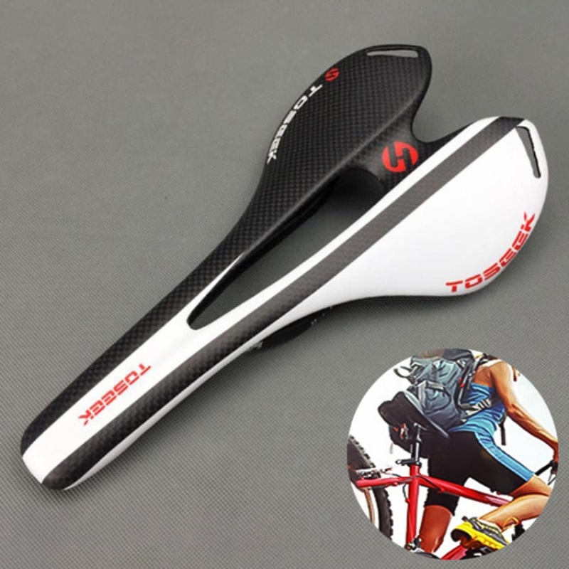 TOSEEK Road Bike Carbon Fiber Seat Bicycle Hollow Seat Saddle, 3K Texture + Extinction(White)