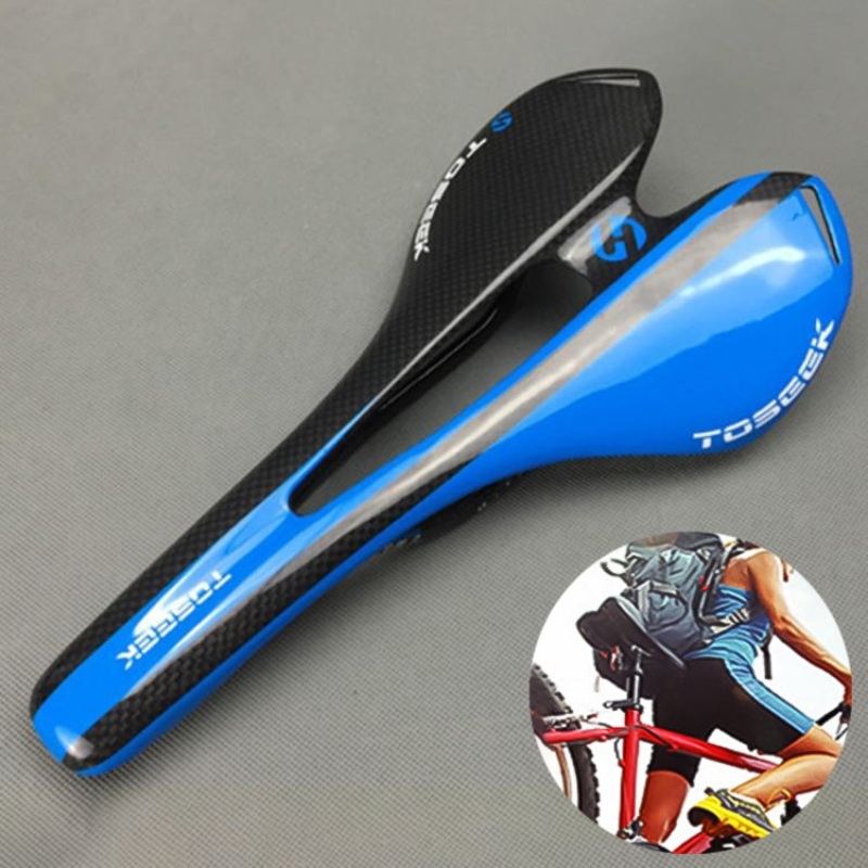 TOSEEK Road Bike Carbon Fiber Seat Bicycle Hollow Seat Saddle, 3K Texture + Light (Blue)