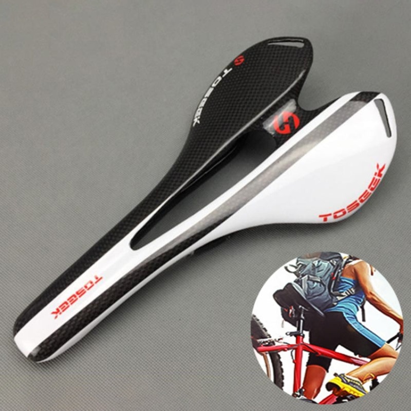 TOSEEK Road Bike Carbon Fiber Seat Bicycle Hollow Seat Saddle, 3K Texture + Light (White)