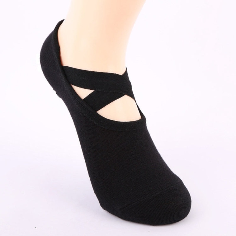 Ladies Cross Strap Edging Backless Non-slip Boat Yoga Socks, One Size (Black)