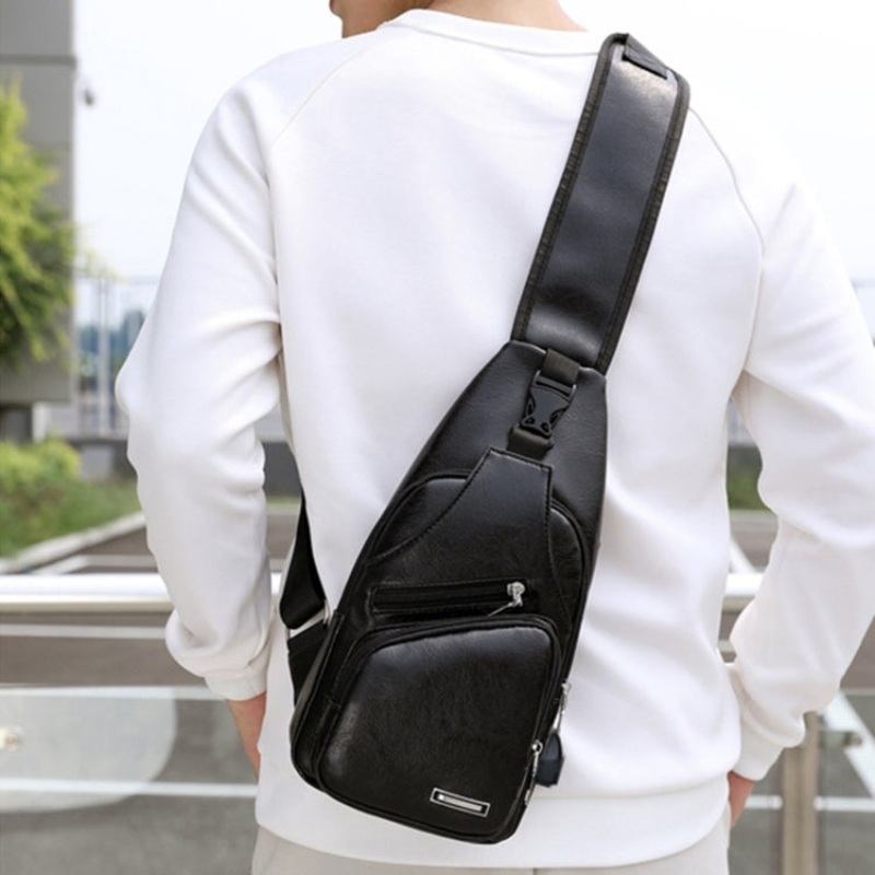 Waterproof Leisure PU Leather Single Shoulder Men Chest Bag with USB Charging Port and Headphone Hole (Black)