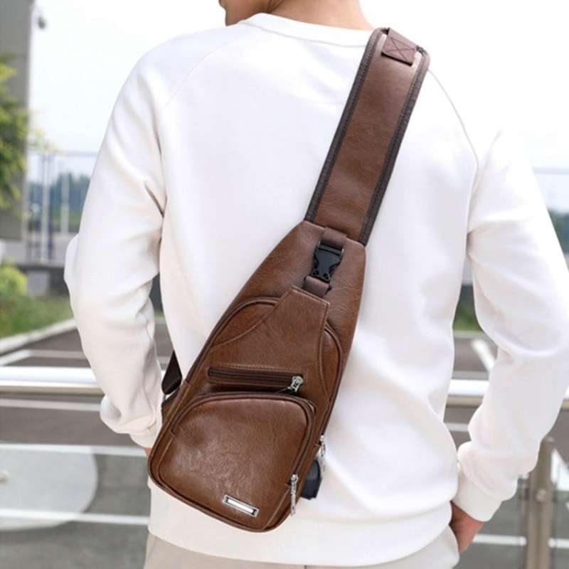 Waterproof PU Leather Men Chest Bag with USB Charging Port and Headphone Hole (Light Brown)