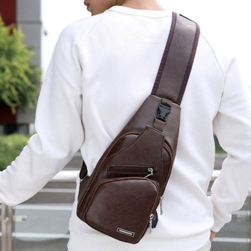 Waterproof PU Leather Men Chest Bag with USB Port and Headphone Hole (Dark Brown)