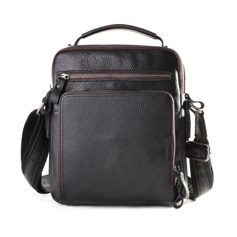 Men Casual Large-Capacity One-Shoulder Messenger Leather Bag Black (Litchi Texture)