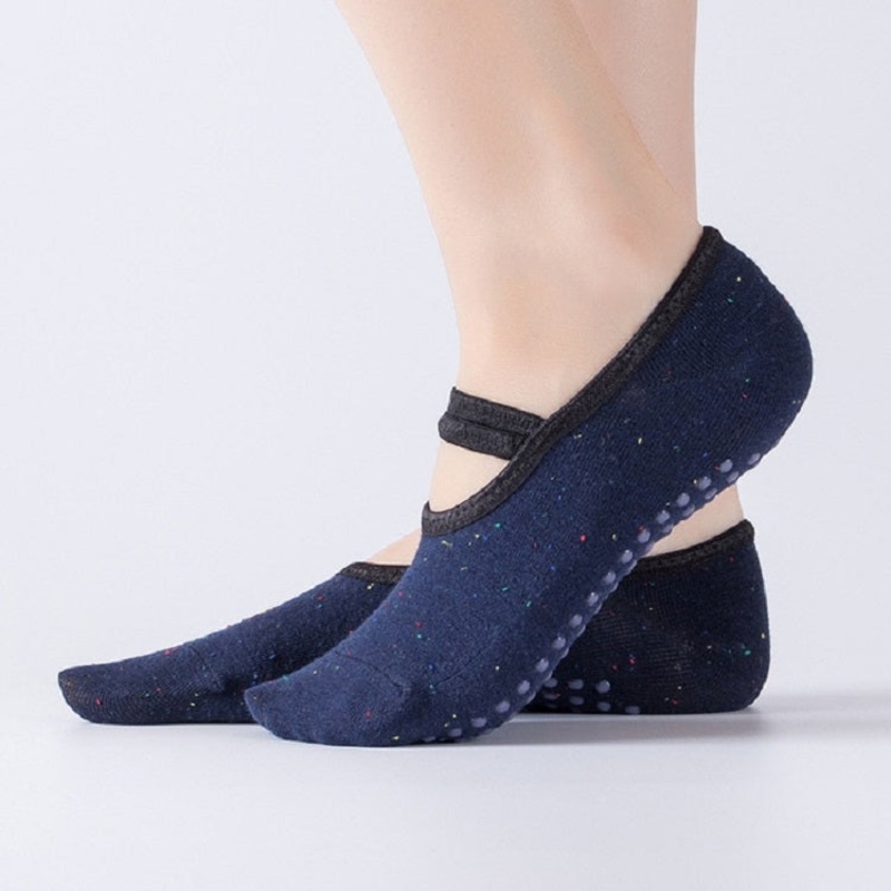 Cotton Backless Ballet Yoga Socks with Straps (Navy Blue, One Size)