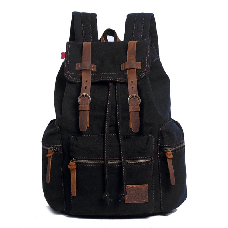 Large Retro Canvas Backpack Laptop Bag for Students (Black)