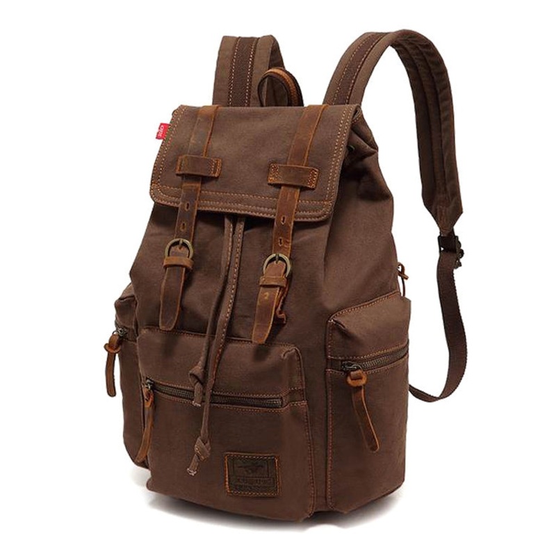 Large Student Canvas Backpack Shoulders Laptop Bag(Coffee)