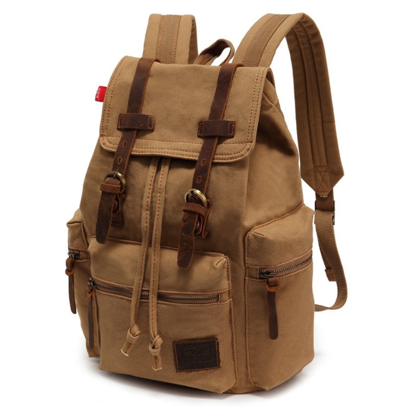 Large Student Retro Canvas Backpack Shoulders Laptop Bag  (Khaki)