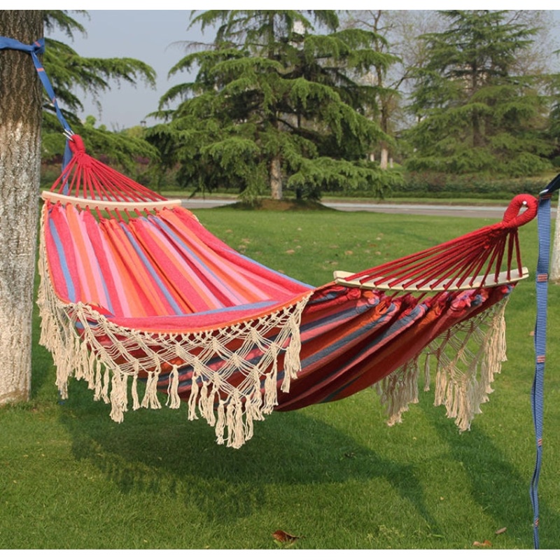 Double Outdoor Camping Tassel Canvas Hammock with Stick (Pink Stripes)