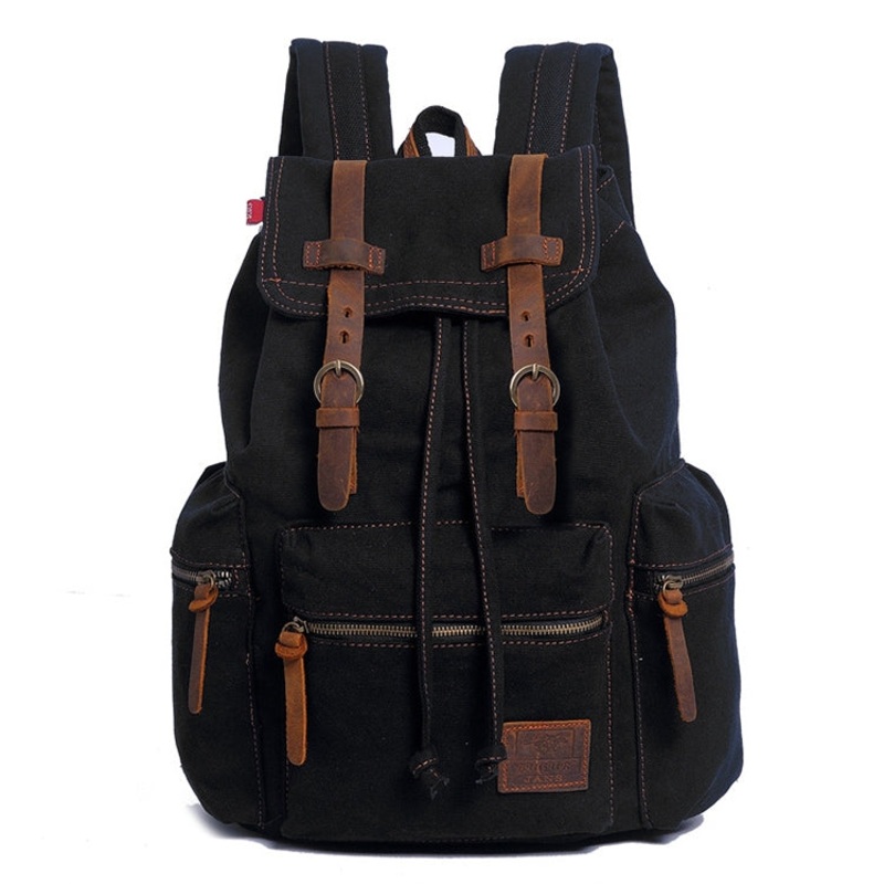 Men Retro Canvas Backpack Shoulders Laptop Bag Black (One Size)