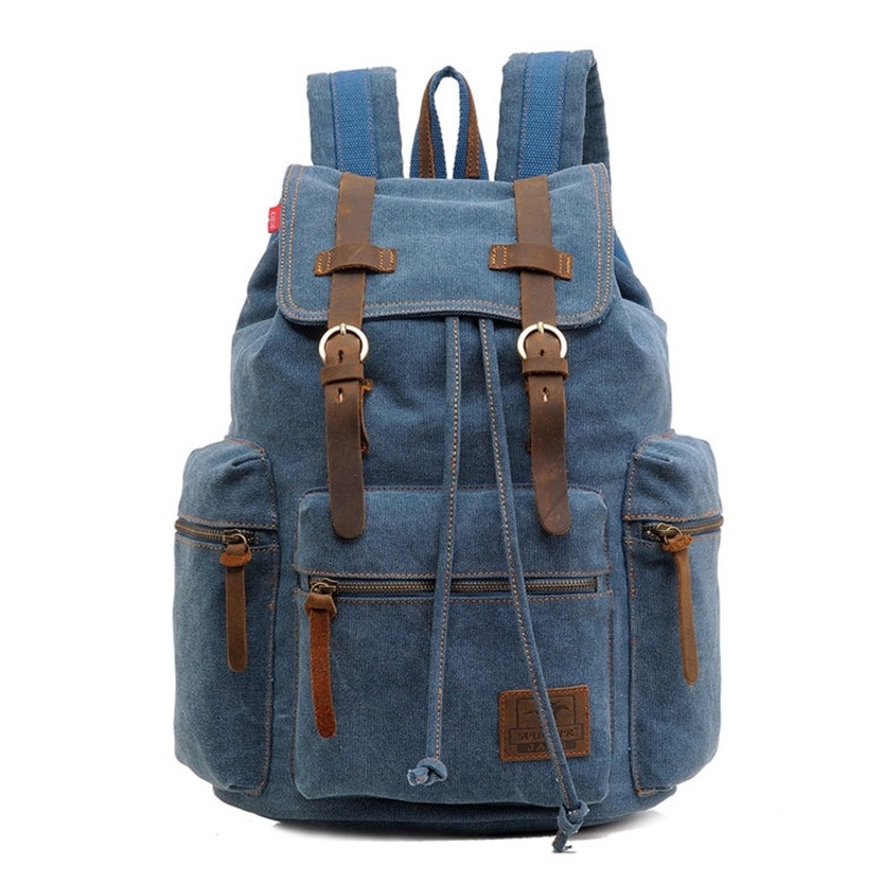 Men Retro Canvas Backpack Shoulders Laptop Bag Blue (One Size)