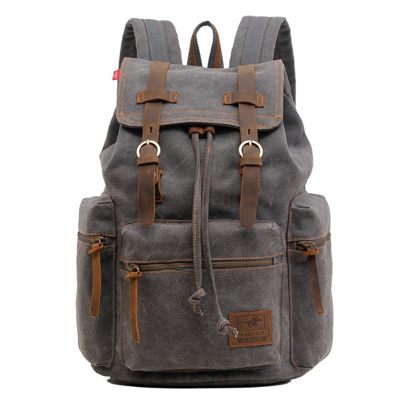 Men Retro Canvas Backpack Shoulders Laptop Bag Grey (One Size)