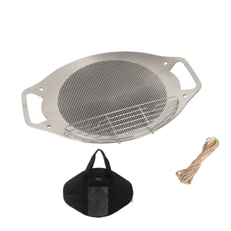 Outdoor BBQ Pan Camping Stainless Steel Frying Pan BBQ Net Hemp Rope (Style)