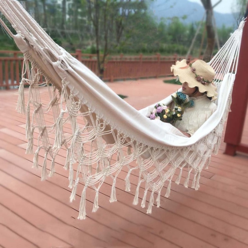 Tassel Hammock Double Canvas Hammock Outdoor Indoor Photography Props White (240x150cm)