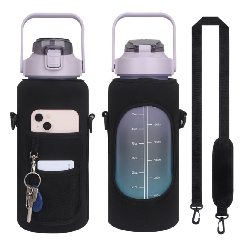 2L Diving Material Water Bottle Cover Case with Strap Black Glue Buckle (Black)