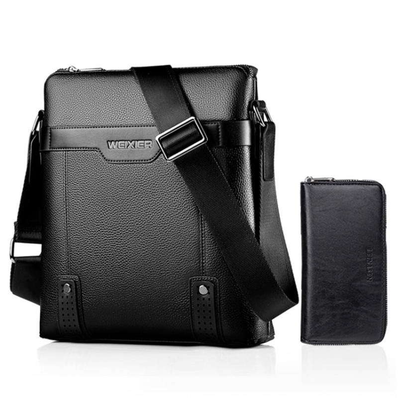 Men Leather Shoulder Bag Handbag Black (2 In 1 Leisure Style)