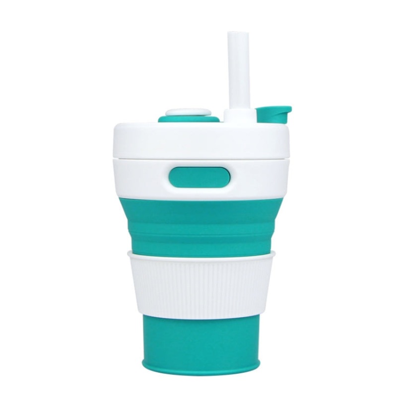 Portable Silicone Telescopic Drinking Coffee Cup Multi-function Silica Cup Travel 350ML (White Green)