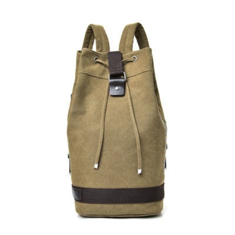 Casual Canvas Backpack Bucket Bag Computer Rucksack Travel Hiking Hand Bag (Large Khaki)