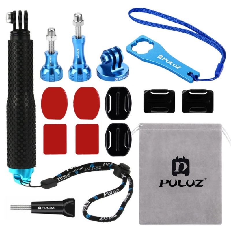 PULUZ 16 in 1 CNC Metal Accessories Combo Kits (Screws + Surface Mounts + Tripod Adapter + Extendable Pole Monopod + Storage Bag + Wrench) for GoPro, Insta360, DJI and Other Action Cameras